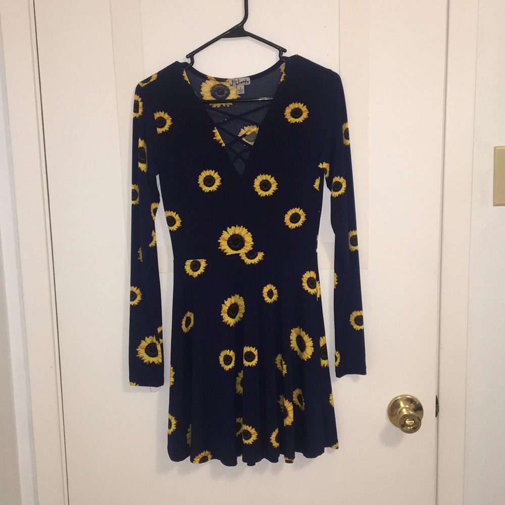 Navy Blue Long Sleeve Sunflower Dress